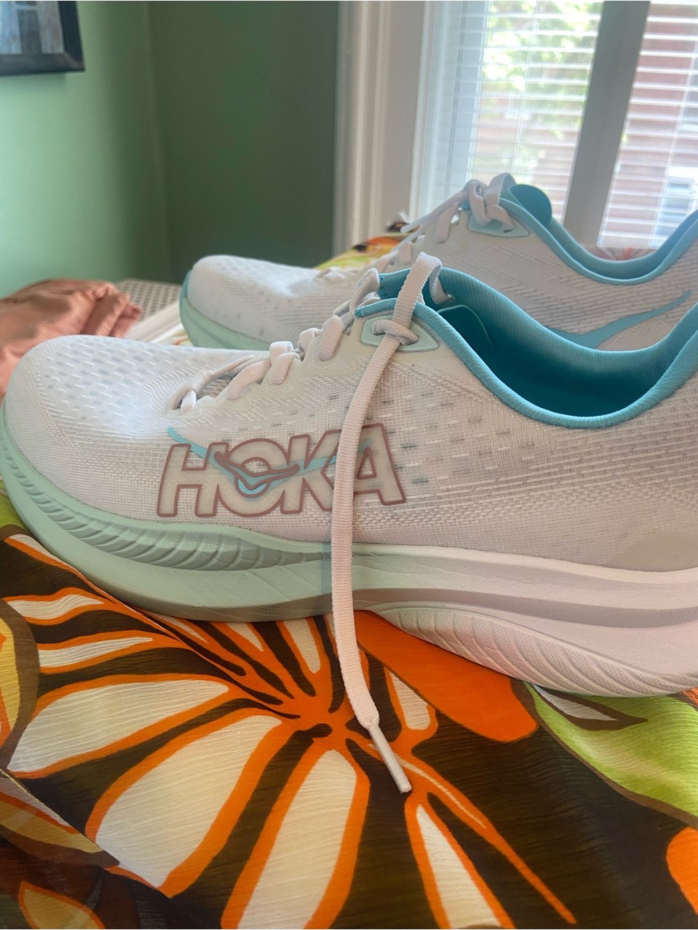 Hoka Women's White Running Shoes with Mint and Teal Accents